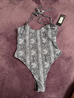 Nasty Gal Black and White Leopard Halter One-Piece Swim